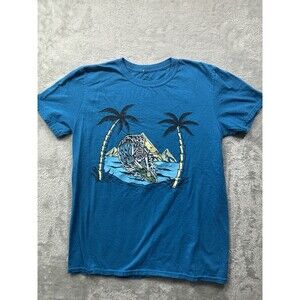 Call Your Mother Surf Skeleton Tee Palm Trees Ocean Graphic Blue Shirt S